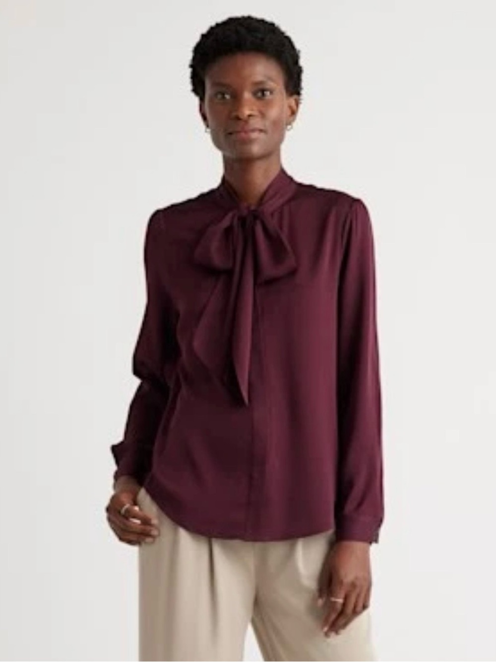 Quince 90% Silk Washable Stretch Tie Neck Long Sleeve Blouse Wine Tasting Size S